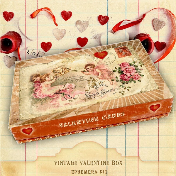 Vintage Valentine Gift Box, Shabby Chic Valentine Ephemera Box for Cards, Valentine Gift Box, Valentine Diorama Box, Instant Download Files