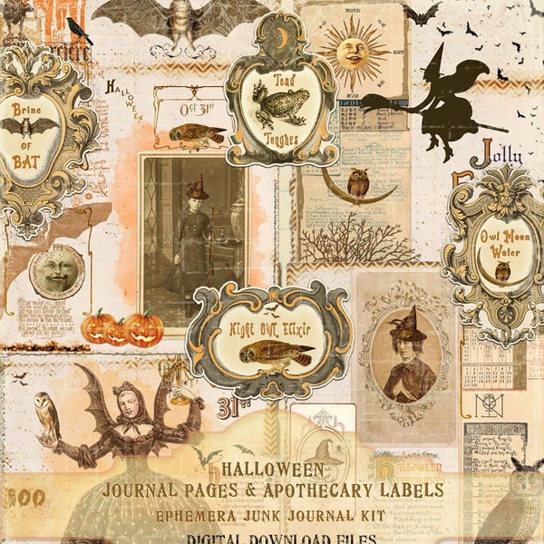 Halloween Vintage Junk Journal Kit, Apothecary Halloween Labels, Witch, Ghost, Moon, Pumpkin Halloween Ephemera, Apothecary Labels for Jars