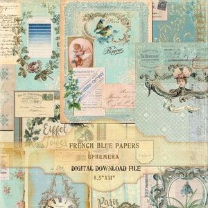 Papiers éphémères bleus Français, papiers Français bleus imprimables vintage, papiers Français anciens, imprimables Français pour l'art du journal indésirable, instantané
