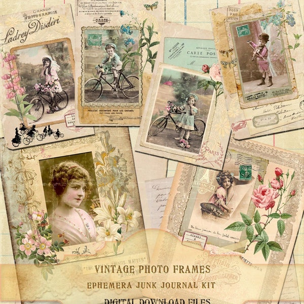 French Journaling Cards, Vintage Cabinet Photos, Lace Papers, Ephemera French Antique Photographs, Children Cards, French Junk Journal Kit