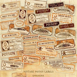 Etiquetas antiguas de farmacia de venenos, etiquetas de dulces o trucos de Halloween, pegatinas digitales de Halloween, etiquetas de arsénico, descarga instantánea