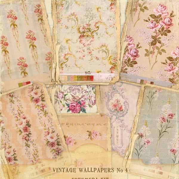 Vintage Floral Wallpapers Ephemera Kit, Roses Wallpapers, French Blue Wallpapers, Antique Ephemera Wallpapers No 4, Instant Download Files