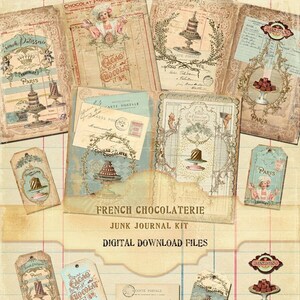 Kit de journal indésirable de pâtisserie française, chocolaterie française, étiquettes de tea party, gâteaux shabby chic français, étiquettes bleues Français, fichiers numériques 300 pdi