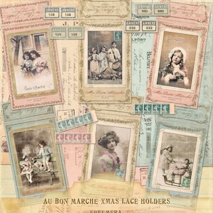 Mercería Au Bon Marche de estilo shabby chic francés, portaencajes de efímeras navideñas francesas, tarjetas de muestra de encaje, kit de diario basura de mercería de efímeras