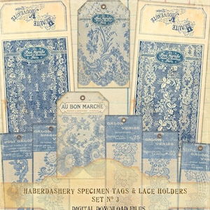 Specimenlabels voor fournituren, Franse blauwe veterhouders, Franse AU BON MARCHE ephemera fourniturenhouders, instant downloadbestanden in 300 pdi