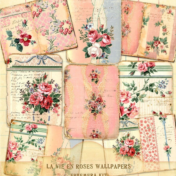 La vie en Roses Wallpapers Ephemera Kit, Roses Wallpapers, Floral French Wallpapers, Antique Ephemera Wallpapers, Instant Download Files