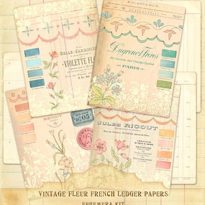 Kit de journalisation Français Fleur, Belle jardinière, broderies anciennes, papiers Français, papiers décoratifs Français éphémères, kit de journal indésirable Français
