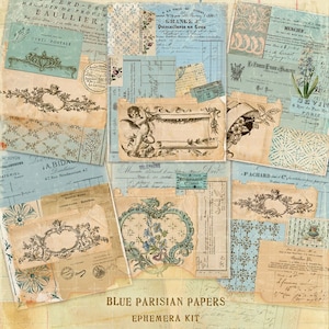 Papéis parisienses azuis, papéis de recibo franceses, páginas de diário de lixo ornamental francês, itens efêmeros franceses chiques e surrados, arquivos para download instantâneo
