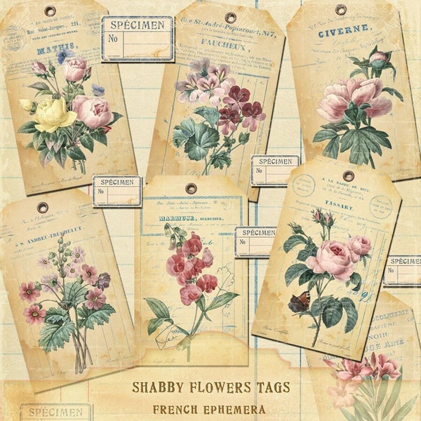 Franse Shabby Chic Floral tags, Franse ontvangsten Tags, Franse blauwe Ephemera Speciment Etiquettes, Instant Download bestand in 300 pdi