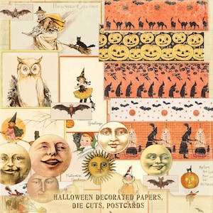 Papiers décoratifs Halloween, cartes postales, kit de journal indésirable vintage d'Halloween, sorcière, fantôme, lune, citrouille Étiquettes éphémères d'Halloween