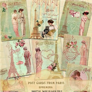 Cartões vintage franceses, cartões postais efêmeros franceses de etiquetas de Paris, torre Eiffel chique gasto francesa, etiquetas francesas vintage, download instantâneo