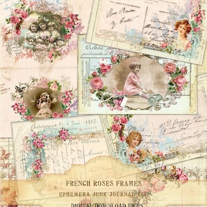 Cartões de rosas francesas, rosas chiques e gastas, papéis de contabilidade, cartões postais, fotos efêmeras de gabinete francês, cartões infantis, kit de diário de lixo francês