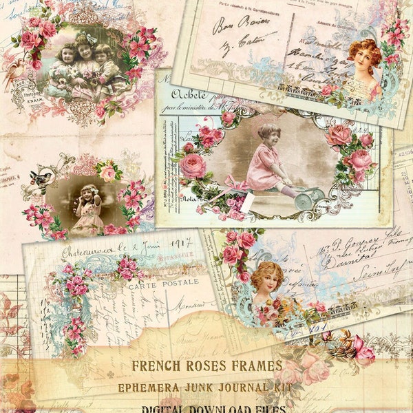 French Roses Cards, Shabby Chic Roses, Ledger Papers, Postcards, Ephemera French Cabinet Photos, Children Cards, French Junk Journal Kit