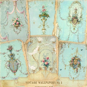 Vintage Floral Wallpapers Ephemera Kit, Roses Wallpapers, French Blue Wallpapers, Antique Ephemera Wallpapers No 5, Instant Download Files