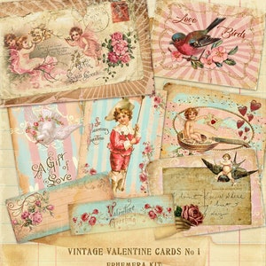 Vintage Valentine Cards, Shabby Chic Valentine Ephemera, Valentine Cards, Valentine Junk Journal Kit, Valentine Papers, Instant Download