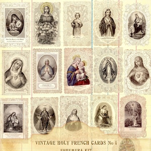 Tarjetas sagradas francesas, tarjetas de encaje de ángeles guardianes franceses antiguos, tarjetas de oración del Espíritu Santo, tarjetas del Ave María, archivos de descarga instantánea en 300 pdi