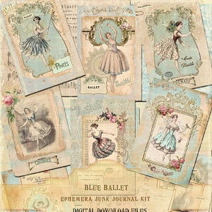Cartes de journalisation de ballet Français, photos de ballerines vintage, papiers bleus, photographies de ballet antique Français éphémères, kit de carnet de voyage Français
