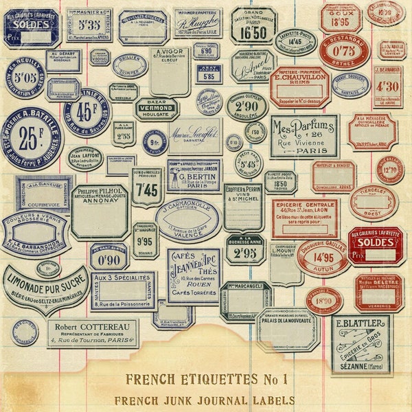 French Etiquettes, French Blue & Red Signs, Vintage French Labels, Junk Journal labels, Digital Collage Sheet in 300 pdi, Instant Download