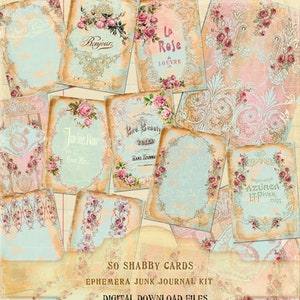 Cartes de journalisation roses So Shabby Chic, pages numériques du Journal des ordures ménagères bleu Français, roses anciennes éphémères Français, pages de journalisation roses minables