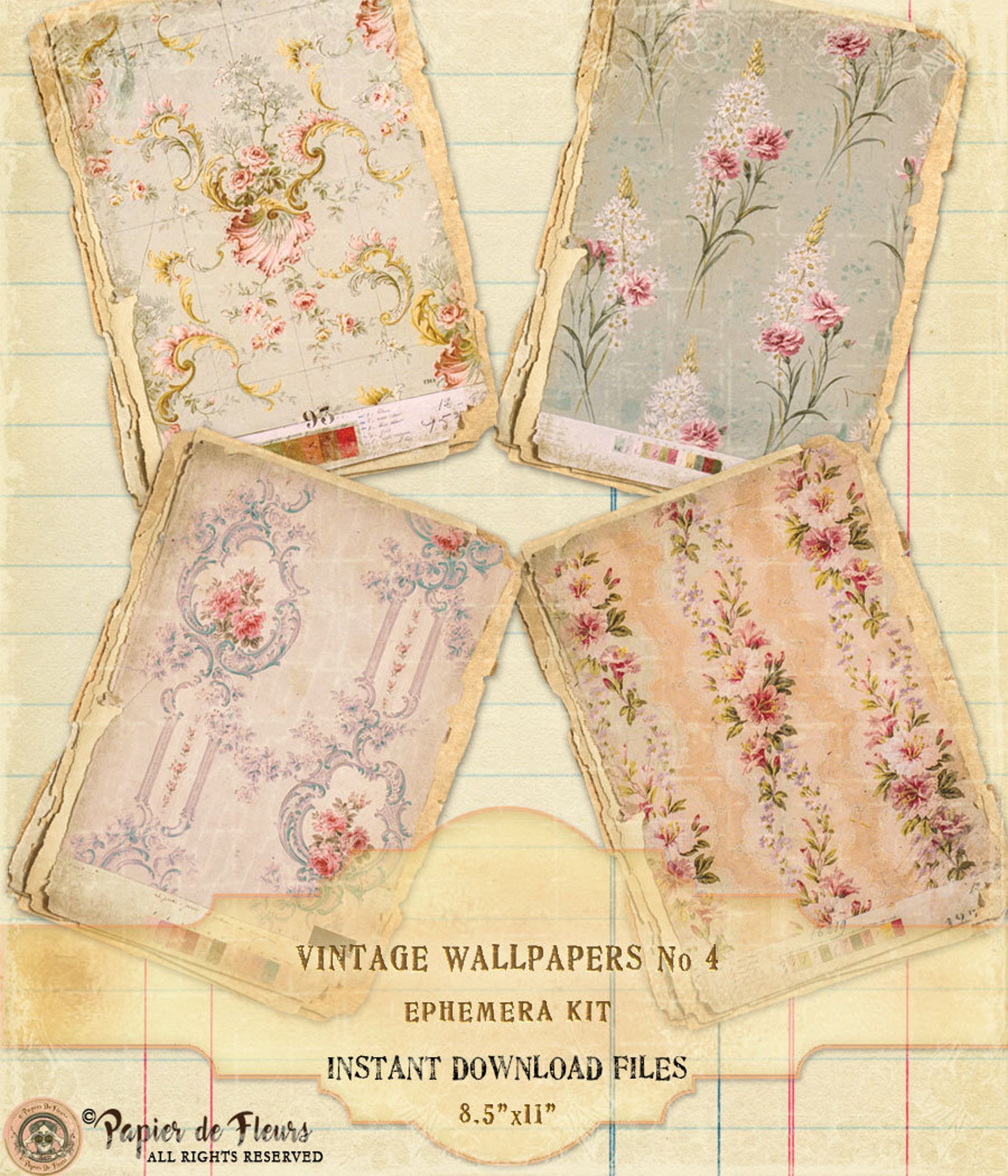 Vintage Floral Wallpapers Ephemera Kit, Roses Wallpapers, French Blue