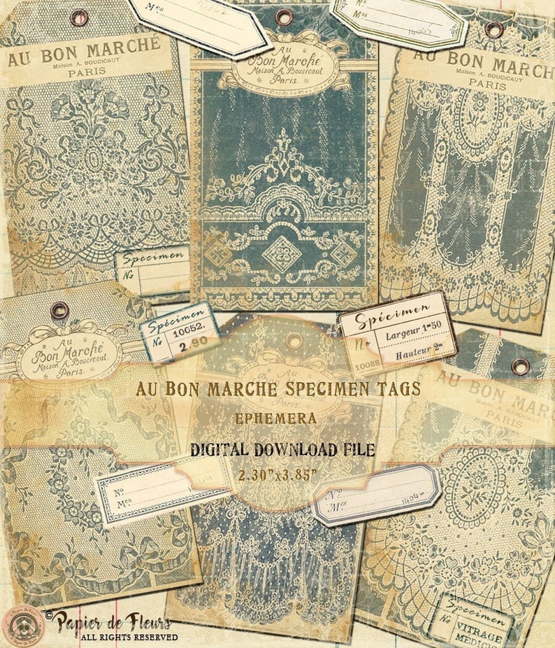 Printable File AU BON MARCHE Speciment tags, Petite French Lace Sample tags, French Ephemera Etiquettes, Instant Download file in 300 pdi image 1