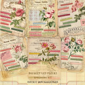 Puede incluir: Un collage vintage de ef&iacute;meras con rosas, texto y rayas coloridas. El dise&ntilde;o incluye texto franc&eacute;s, ilustraciones florales y las palabras "Bouquet Les Fleurs" y "Instant Download Files". El tama&ntilde;o del papel es de 21,6 x 27,9 cm.