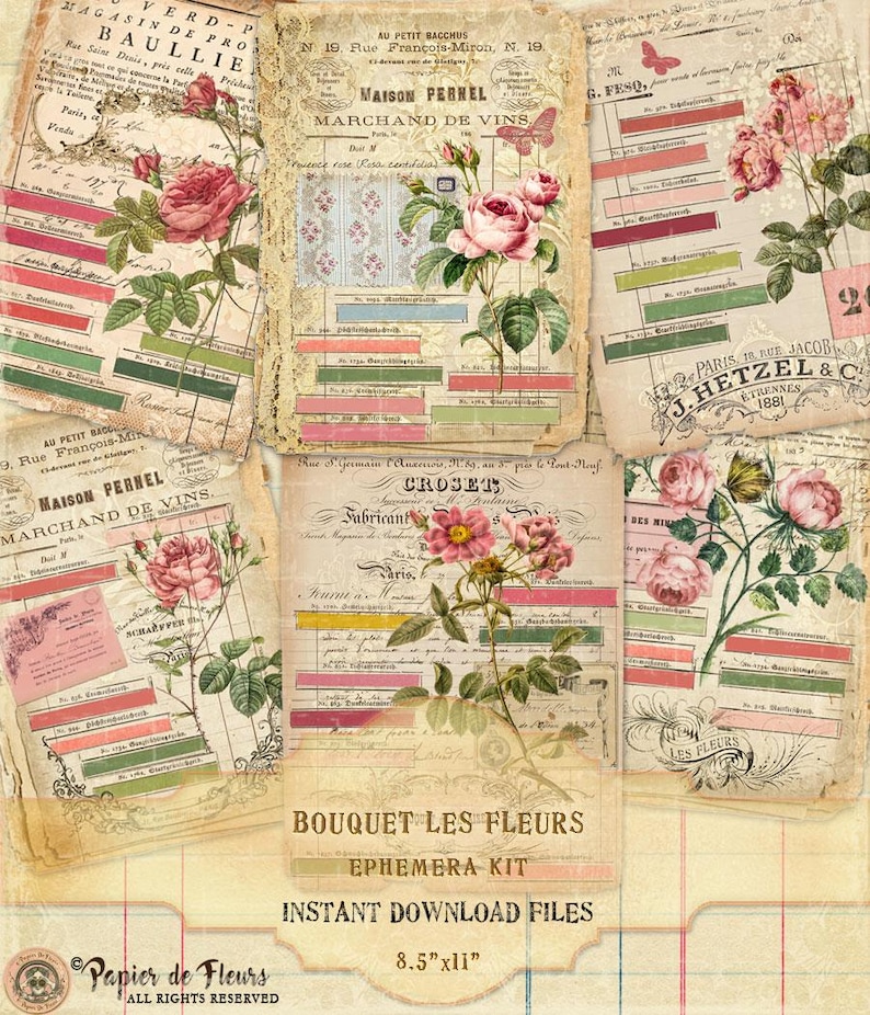 Puede incluir: Un collage vintage de ef&iacute;meras con rosas, texto y rayas coloridas. El dise&ntilde;o incluye texto franc&eacute;s, ilustraciones florales y las palabras "Bouquet Les Fleurs" y "Instant Download Files". El tama&ntilde;o del papel es de 21,6 x 27,9 cm.