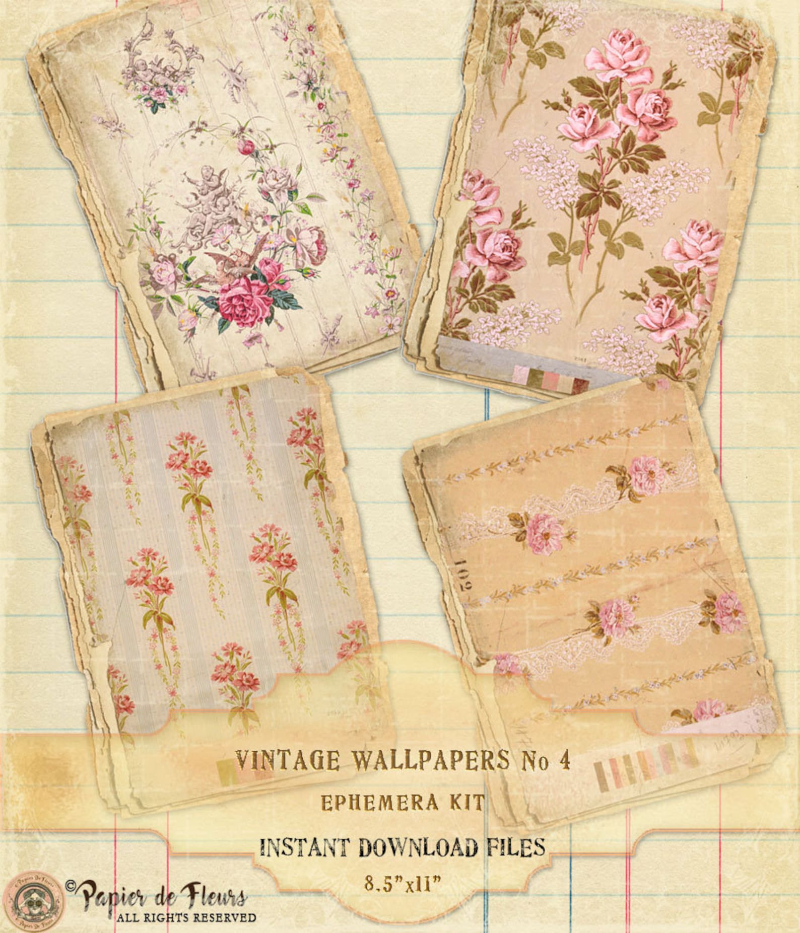 Vintage Floral Wallpapers Ephemera Kit, Roses Wallpapers, French Blue