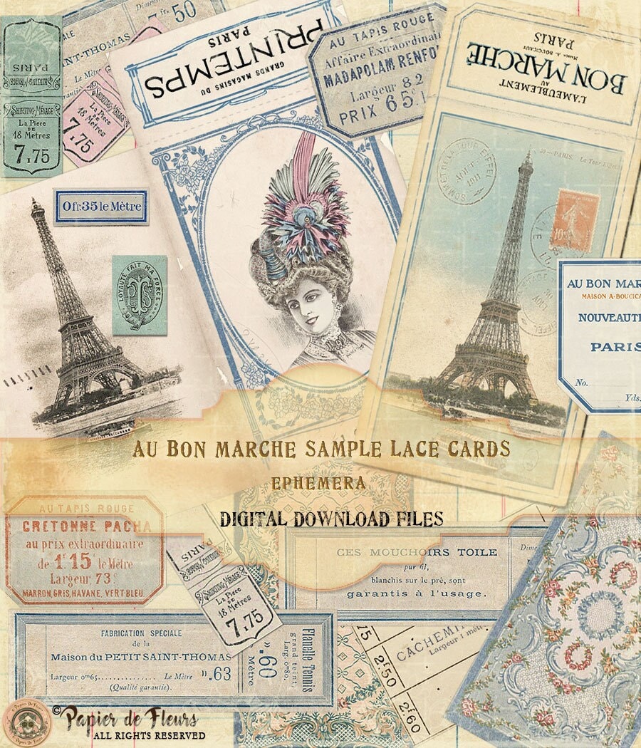Au Bon Marche Haberdashery Lace Sample Cards, Au Bon Marche French Ephemera Lace Holder, Ephemera Haberdashery Holders, French Junk Journal