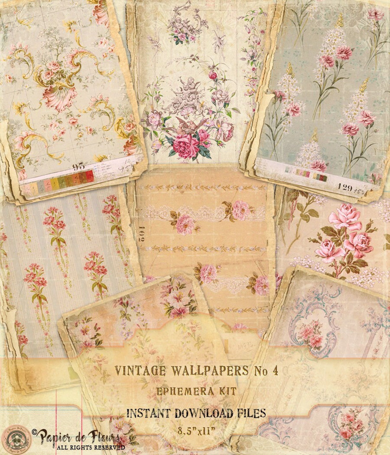 Vintage Floral Wallpapers Ephemera Kit, Roses Wallpapers, French Blue