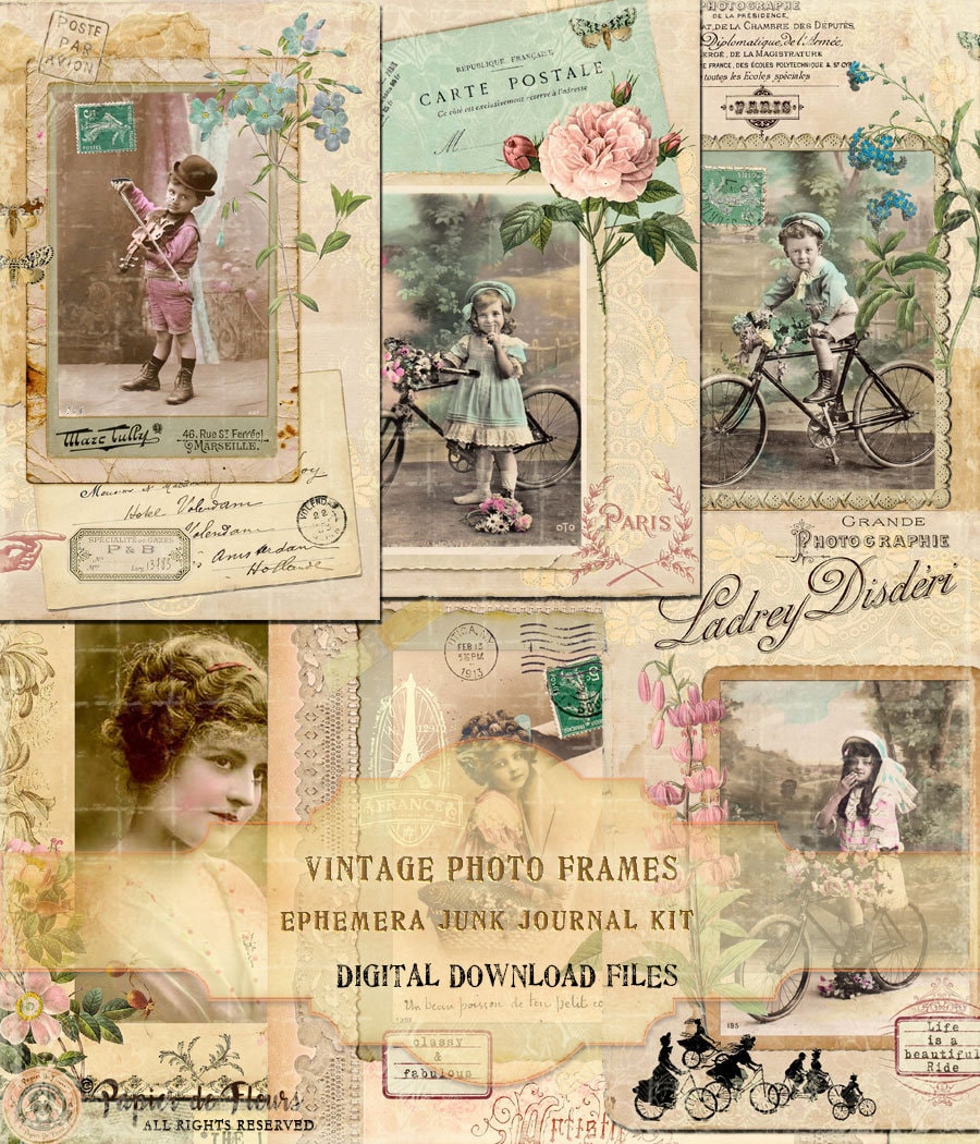 French Journaling Cards Vintage Cabinet Photos Lace Papers Ephemera