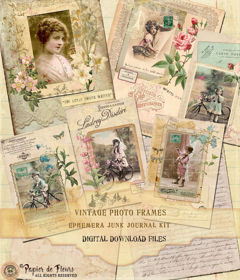 French Journaling Cards Vintage Cabinet Photos Lace Papers Ephemera