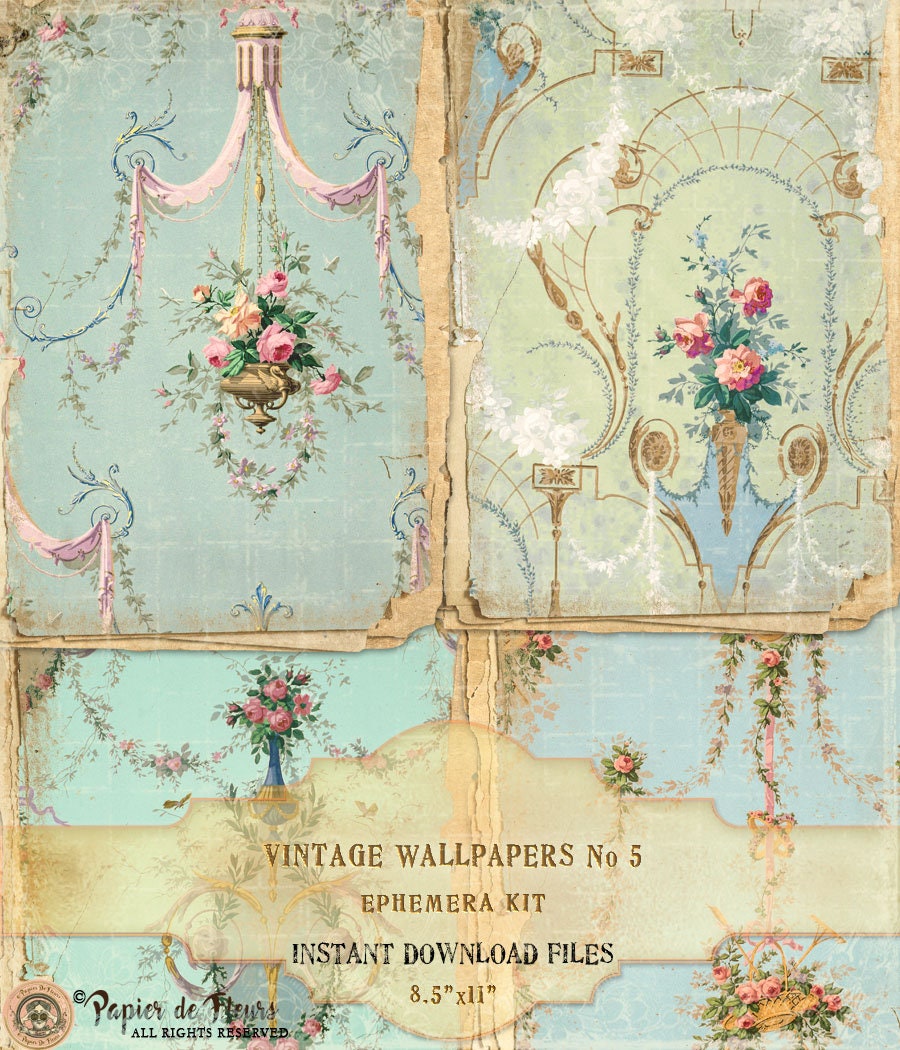 Vintage Floral Wallpapers Ephemera Kit, Roses Wallpapers, French Blue