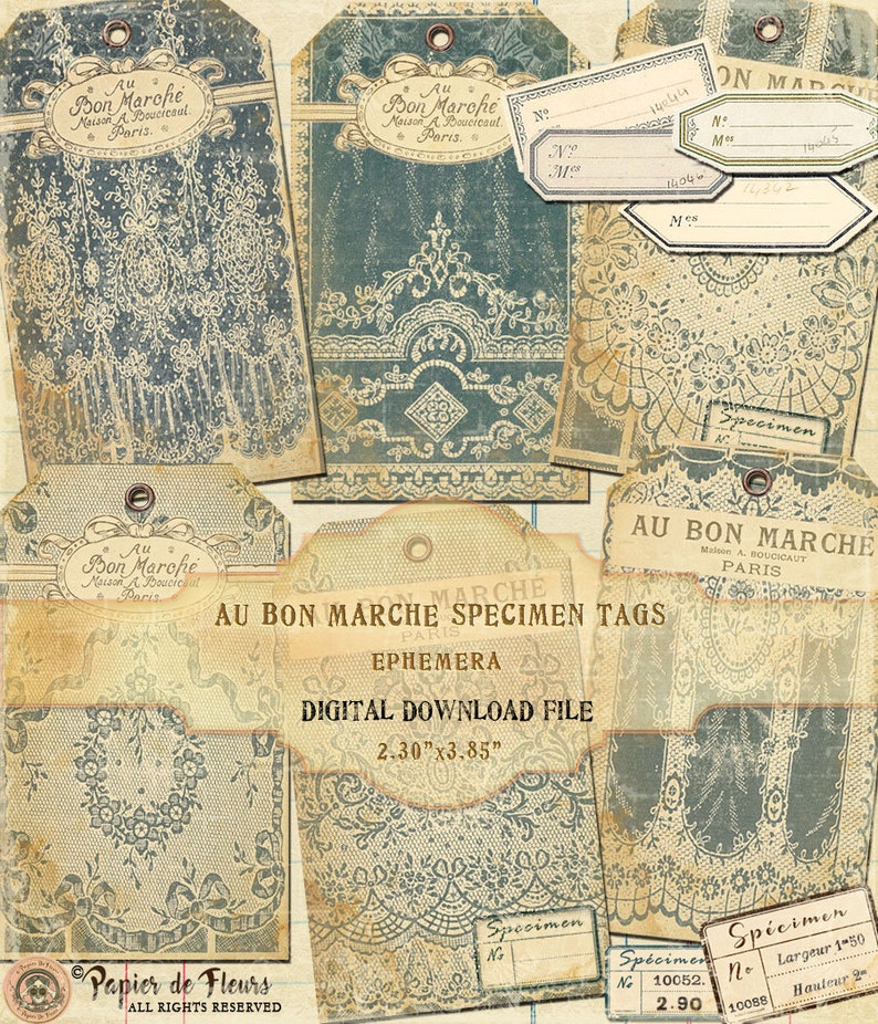 Printable File AU BON MARCHE Speciment tags, Petite French Lace Sample tags, French Ephemera Etiquettes, Instant Download file in 300 pdi image 3