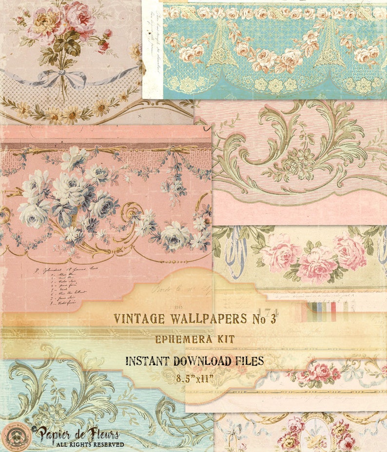 Vintage Floral Wallpapers Ephemera Kit, Roses Wallpapers, French Blue