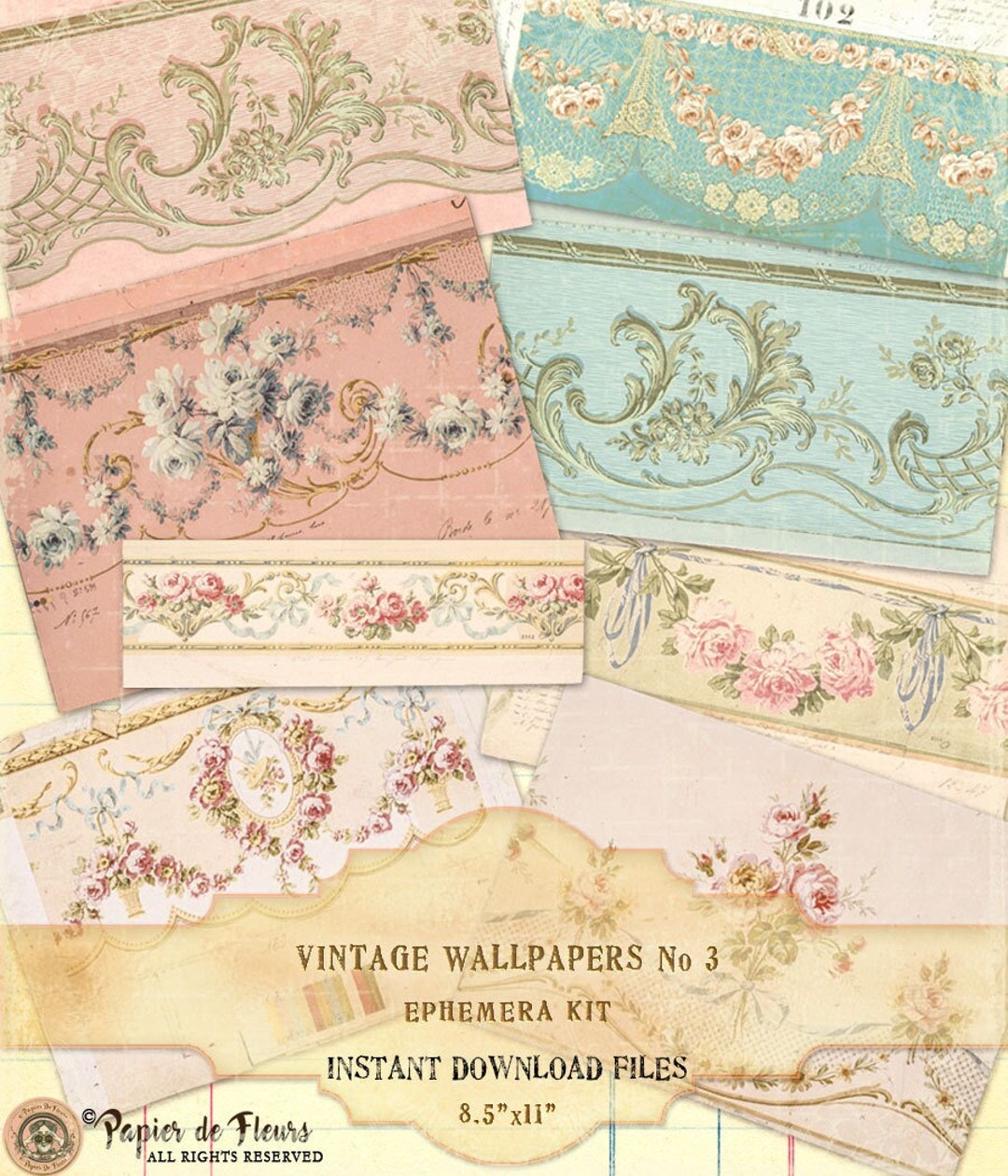 Vintage Floral Wallpapers Ephemera Kit, Roses Wallpapers, French Blue