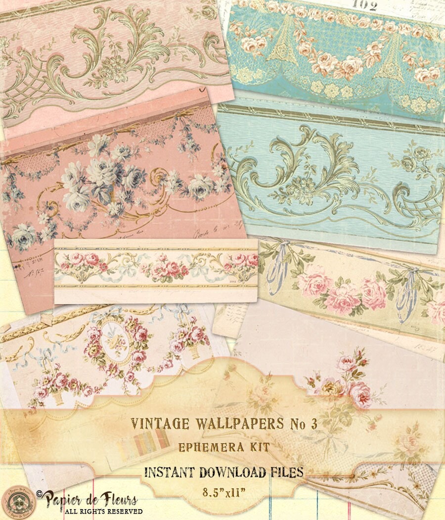 Kit de papel tapiz floral vintage efímero: rosas azules francesas (descarga instantánea)