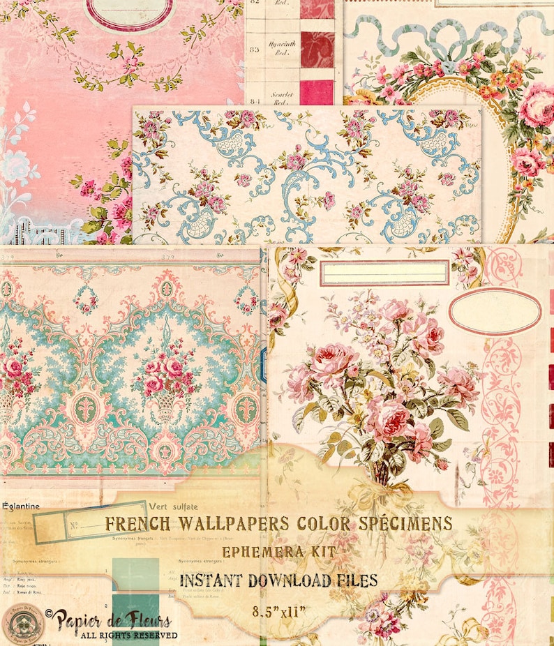French Roses Background Antique French Rose Wallpaper Ephemera, Color Specimens (digital ...