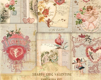 May include: A digital collage kit with a shabby chic Valentine's Day theme. The kit includes images of hearts, flowers, cherubs, and vintage-style text. The kit is 8.5 inches by 11 inches.