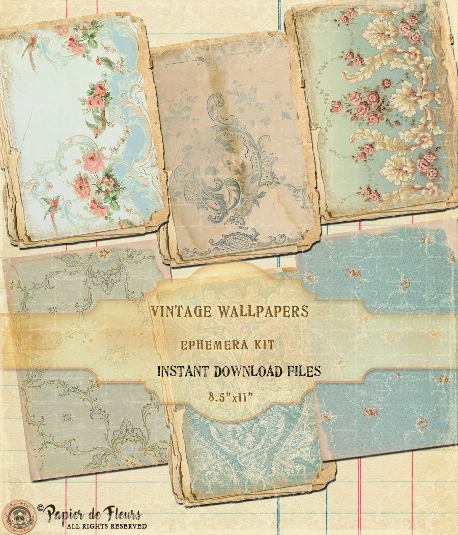 Vintage Floral Wallpapers Ephemera Kit, Roses Wallpapers, French Blue
