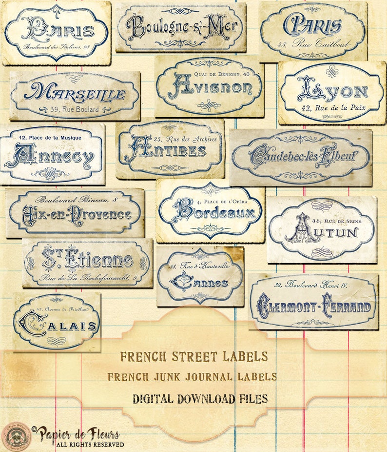 French Ephemera Street Labels, Junk Journal Ephemera (digital Download ...