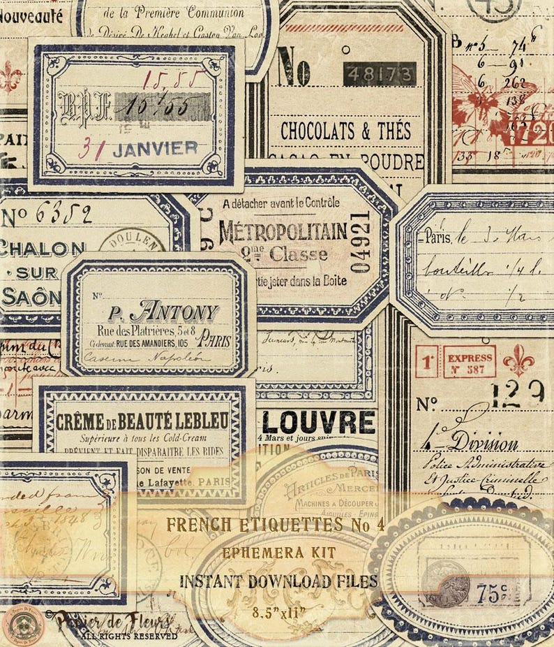 French Etiquettes, French Blue & Red Signs No 4, Vintage French Labels ...