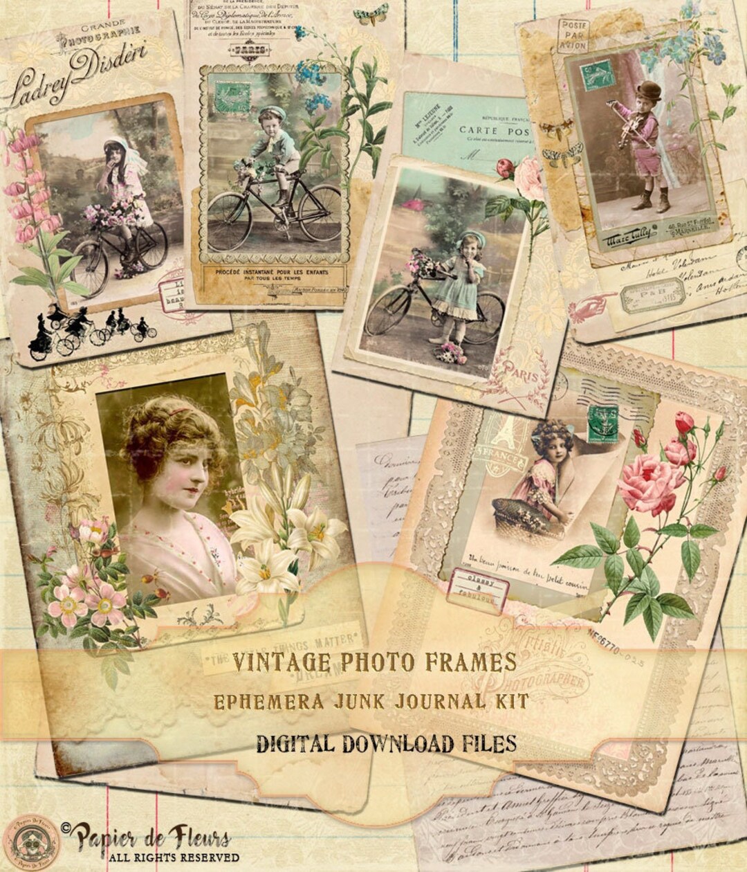 French Journaling Cards Vintage Cabinet Photos Lace Papers Ephemera
