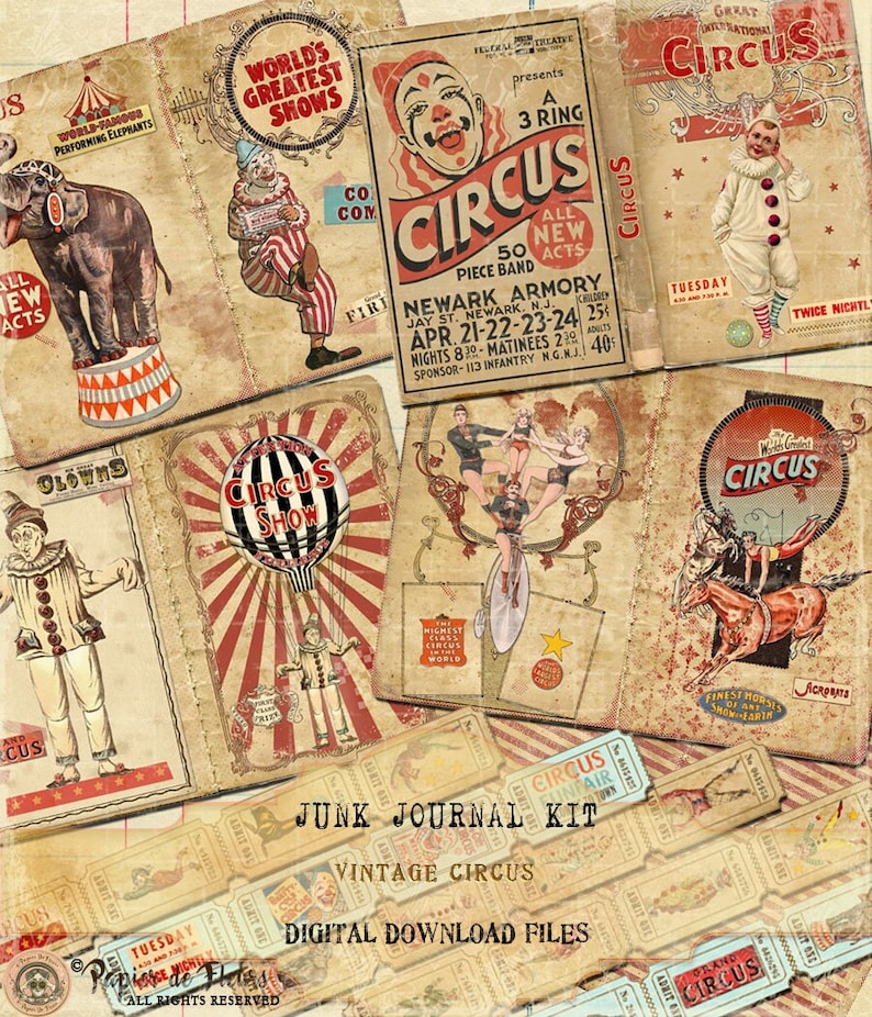 Circus Junk Journal Kit Ephemera, Carnival Ephemera Cards, Vintage