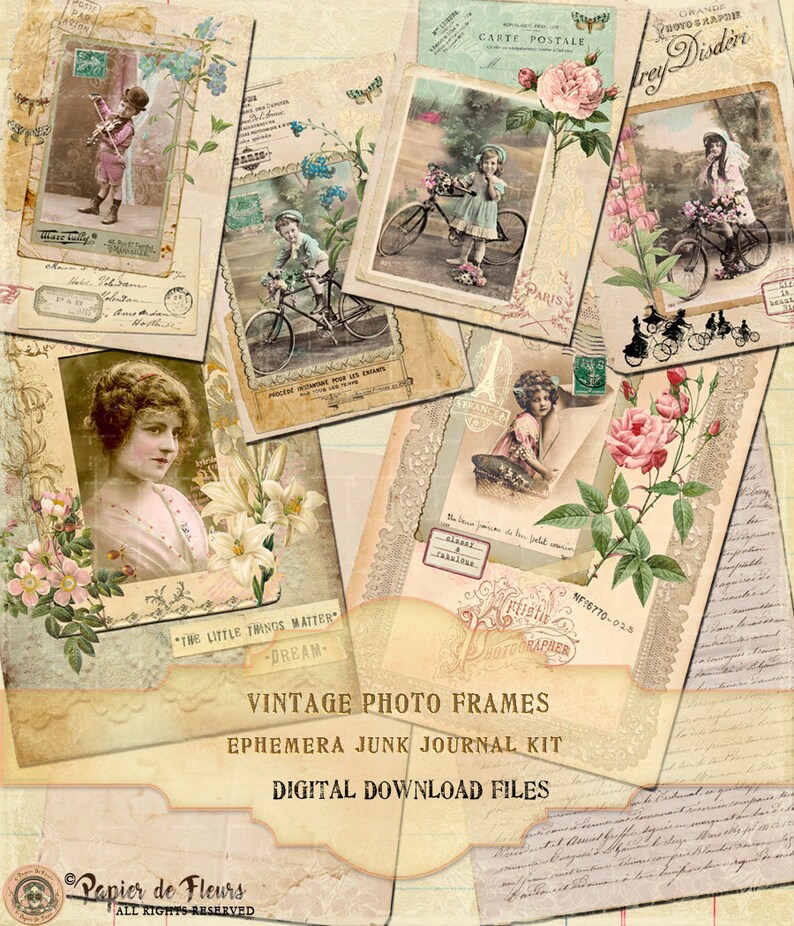 French Journaling Cards Vintage Cabinet Photos Lace Papers Ephemera