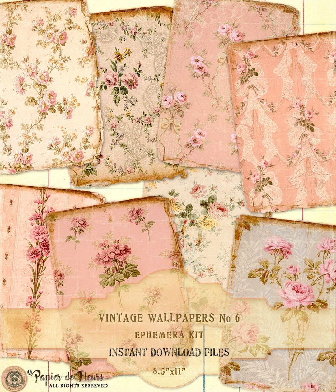 Vintage Floral Wallpapers Ephemera Kit, Antique Roses Wallpapers
