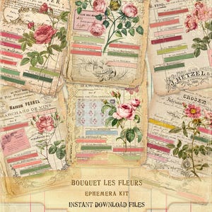 Puede incluir: Un kit de ef&iacute;meras vintage con papel envejecido con ilustraciones florales de rosas rosas y hojas verdes. El dise&ntilde;o incluye texto en franc&eacute;s, con las palabras "Bouquet Les Fleurs" y "Instant Download Files". El tama&ntilde;o del papel es de 21,6 x 27,9 cm.