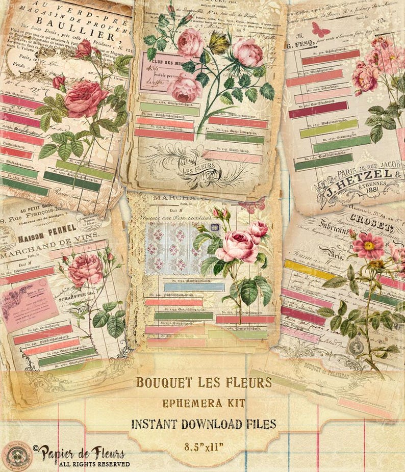 Puede incluir: Un kit de ef&iacute;meras vintage con papel envejecido con ilustraciones florales de rosas rosas y hojas verdes. El dise&ntilde;o incluye texto en franc&eacute;s, con las palabras "Bouquet Les Fleurs" y "Instant Download Files". El tama&ntilde;o del papel es de 21,6 x 27,9 cm.