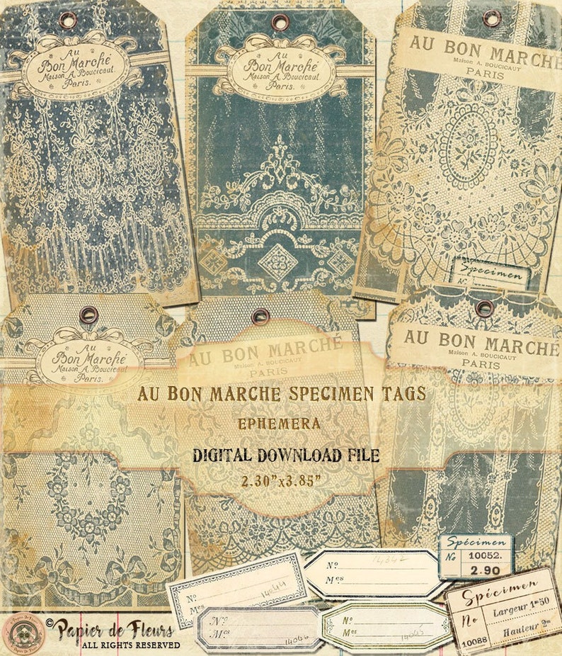 Printable File AU BON MARCHE Speciment tags, Petite French Lace Sample tags, French Ephemera Etiquettes, Instant Download file in 300 pdi image 2