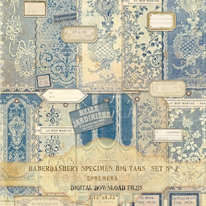 Haberdashery Specimen Big Tags, French Blue Lace Sample tags, French AU BON MARCHE Ephemera Etiquettes, Instant Download files in 300 pdi